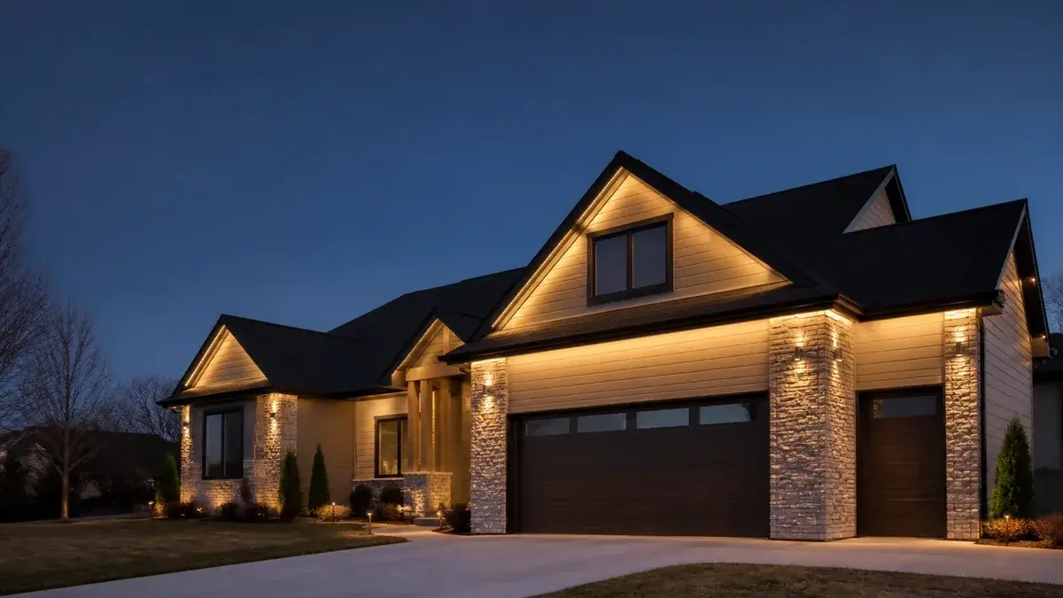 A two-story house at dusk with a thin line of warm permanent lighting under every eave and gable.
