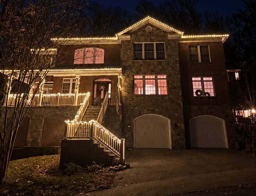 Brick and stone house with warm white lights on the rooflines and front gable, the porch columns and railings, and the front stairs.